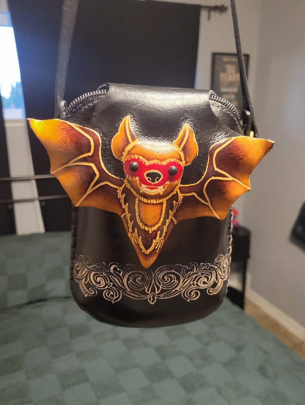 Handmade Tooled & Painted Bat Leather Crossbody